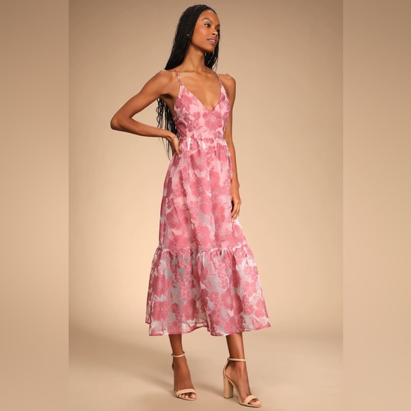 Lulus Feeling Like Forever Rose Jacquard Organza Lace-Up Midi Dress rose small - Picture 2 of 15